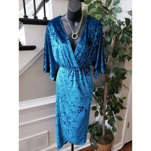 Club L London Wrap Dress Womens 8 Blue Velvet Short Sleeve Cinched Waist V Neck